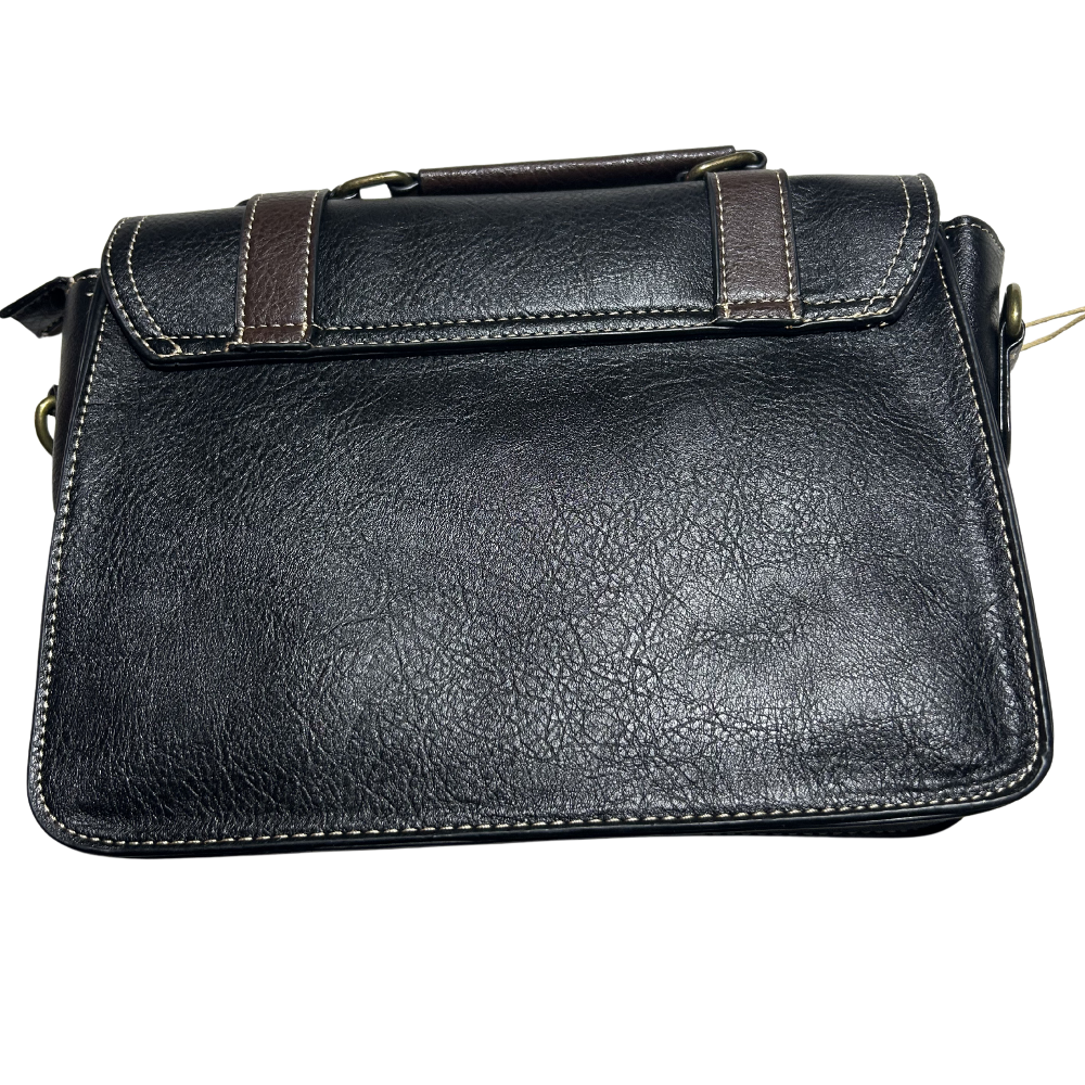 Cotton Road Sling Bag: BLACK PU Leather Bag with brown Trim and embossed Windmill back