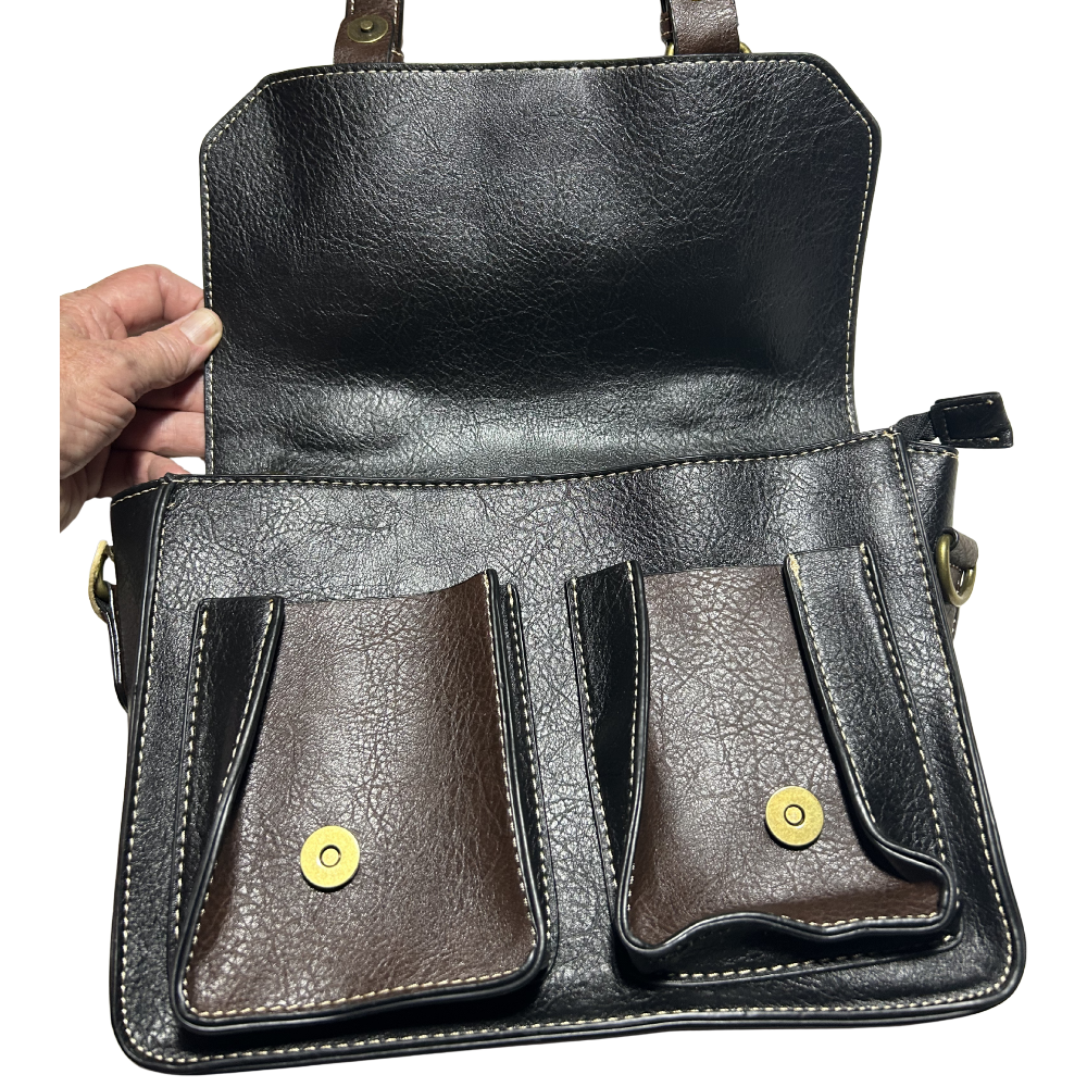 Cotton Road Sling Bag: BLACK PU Leather Bag with brown Trim and embossed Windmill front