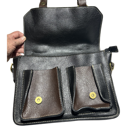 Cotton Road Sling Bag: BLACK PU Leather Bag with brown Trim and embossed Windmill front