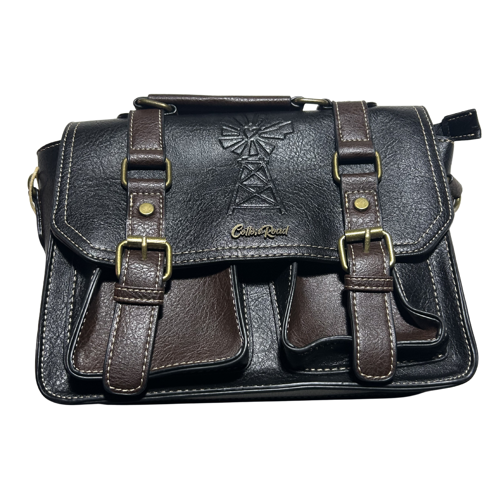 Cotton Road Sling Bag: BLACK PU Leather Bag with brown Trim and embossed Windmill front