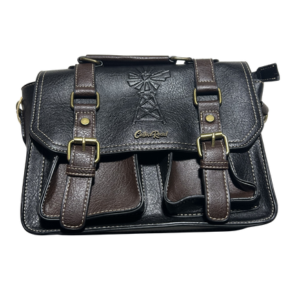 Cotton Road Sling Bag: BLACK PU Leather Bag with brown Trim and embossed Windmill front