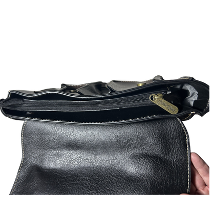 Cotton Road Sling Bag: BLACK PU Leather Bag with brown Trim and embossed Windmill top