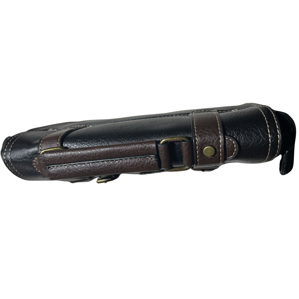 Cotton Road Sling Bag: BLACK PU Leather Bag with brown Trim and embossed Windmill top closed