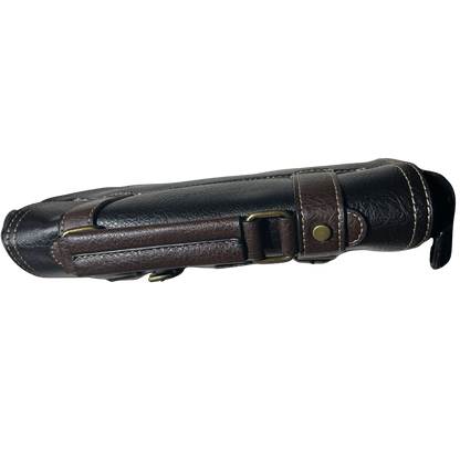 Cotton Road Sling Bag: BLACK PU Leather Bag with brown Trim and embossed Windmill top closed