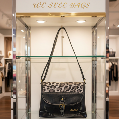 Cotton Road Sling Bag: BLACK PU Leather Crossbody Bag with Leopard Design LIFESTYLE
