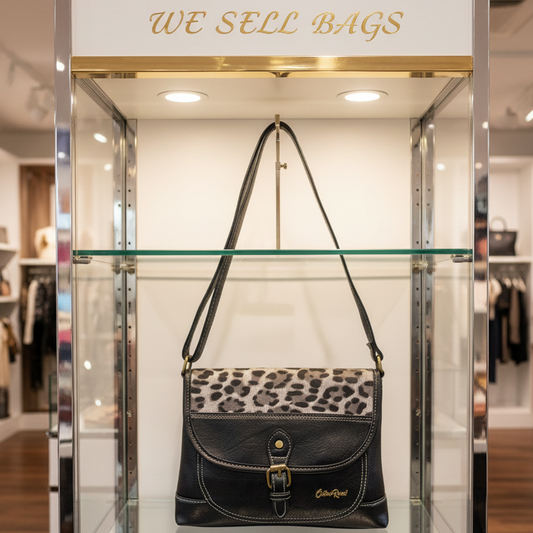 Cotton Road Sling Bag: BLACK PU Leather Crossbody Bag with Leopard Design LIFESTYLE