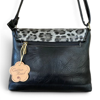 Cotton Road Sling Bag: BLACK PU Leather Crossbody Bag with Leopard Design back detail
