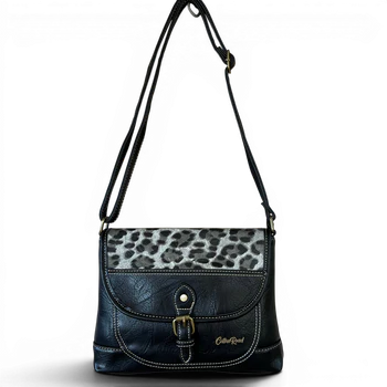 Cotton Road Sling Bag: BLACK PU Leather Crossbody Bag with Leopard Design front