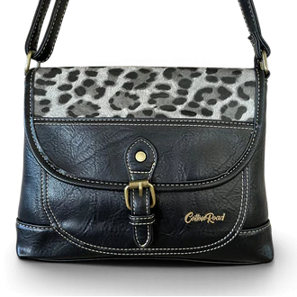 Cotton Road Sling Bag: BLACK PU Leather Crossbody Bag with Leopard Design front detail