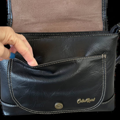 Cotton Road Sling Bag: BLACK PU Leather Crossbody Bag with Leopard Design front pocket detail