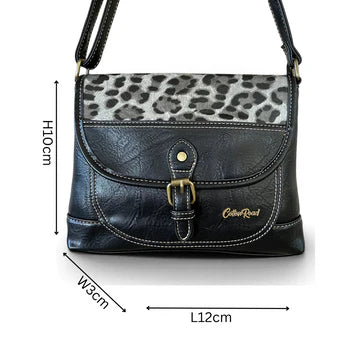 Cotton Road Sling Bag: BLACK PU Leather Crossbody Bag with Leopard Design sized