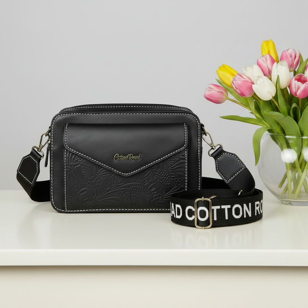 Cotton Road Sling Bag: BLACK PU Leather Crossbody with EMBOSSED Design branded sling hero