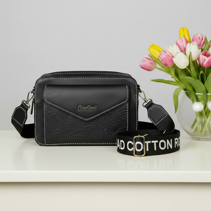 Cotton Road Sling Bag: BLACK PU Leather Crossbody with EMBOSSED Design branded sling hero