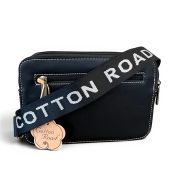 Cotton Road Sling Bag: BLACK PU Leather Crossbody with EMBOSSED Design branded strap view