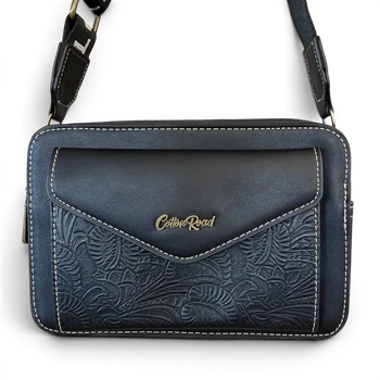 Cotton Road Sling Bag: BLACK PU Leather Crossbody with EMBOSSED Design front view