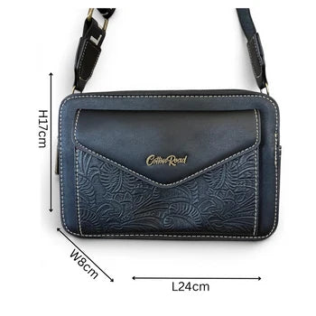 Cotton Road Sling Bag: BLACK PU Leather Crossbody with EMBOSSED Design size