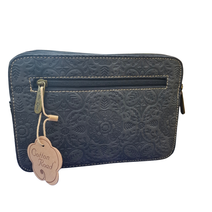 Cotton Road Sling Bag: BLACK PU Leather Crossbody with Embossed Flowers and BRANDED STRAP BACK ZOOM