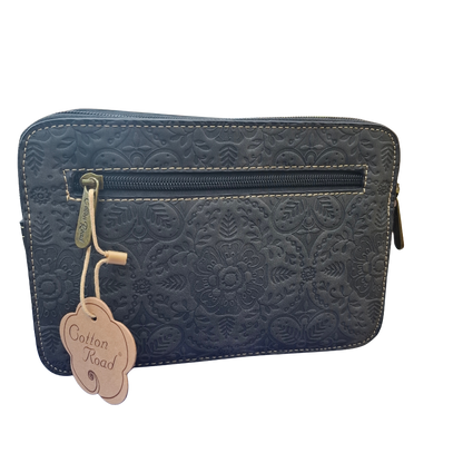 Cotton Road Sling Bag: BLACK PU Leather Crossbody with Embossed Flowers and BRANDED STRAP BACK ZOOM