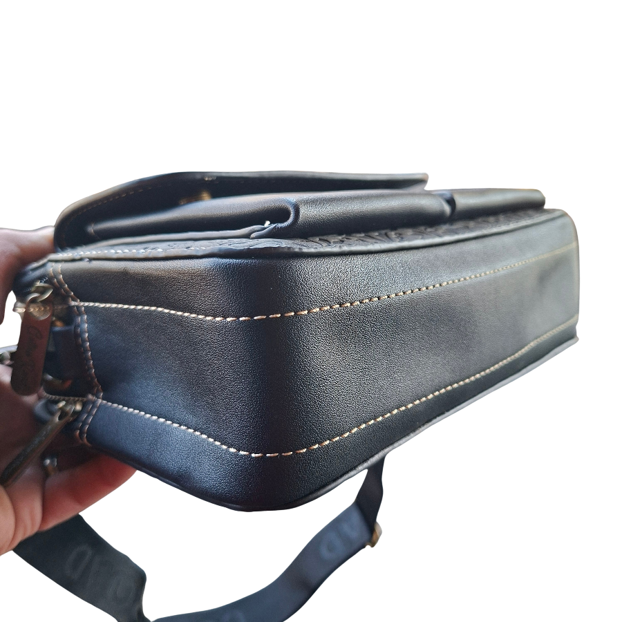 Cotton Road Sling Bag: BLACK PU Leather Crossbody with Embossed Flowers and BRANDED STRAP BOTTOM