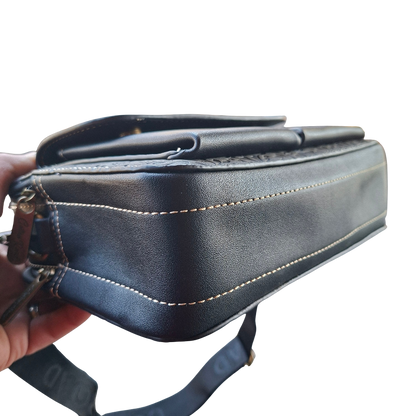 Cotton Road Sling Bag: BLACK PU Leather Crossbody with Embossed Flowers and BRANDED STRAP BOTTOM