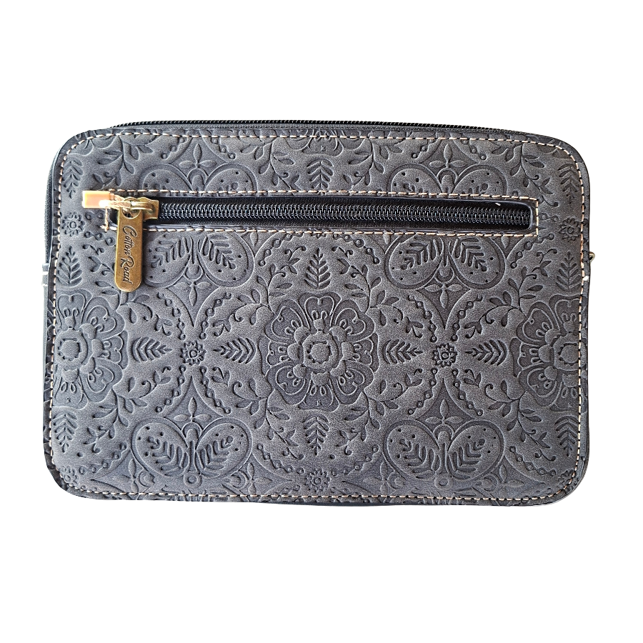 Cotton Road Sling Bag: BLACK PU Leather Crossbody with Embossed Flowers and BRANDED STRAP DETAILING