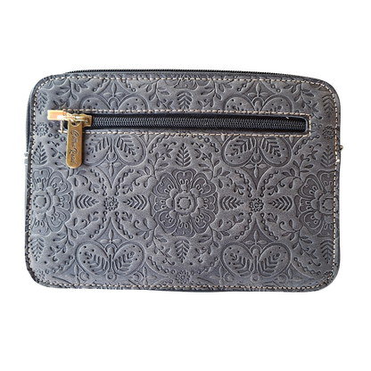 Cotton Road Sling Bag: BLACK PU Leather Crossbody with Embossed Flowers and BRANDED STRAP DETAILING