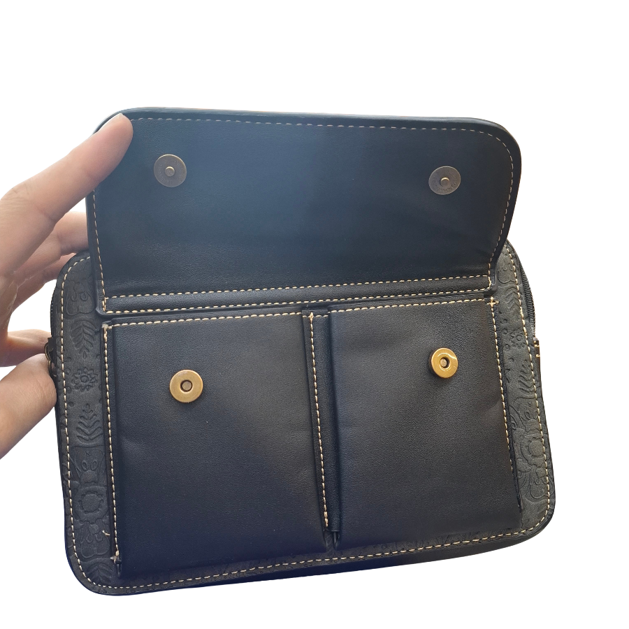 Cotton Road Sling Bag: BLACK PU Leather Crossbody with Embossed Flowers and BRANDED STRAP FLAP OPEN ZOOM