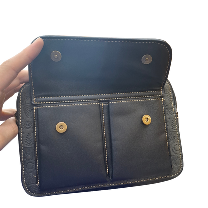Cotton Road Sling Bag: BLACK PU Leather Crossbody with Embossed Flowers and BRANDED STRAP FLAP OPEN ZOOM