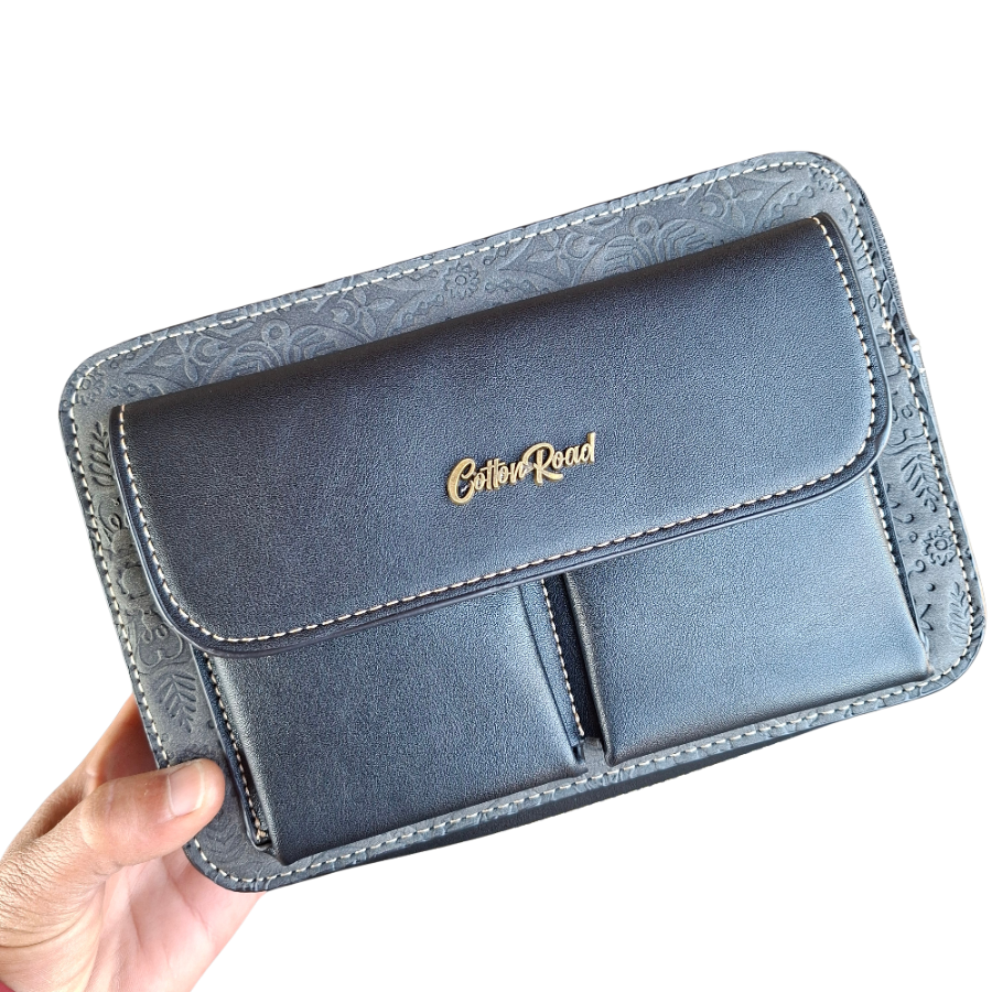 Cotton Road Sling Bag: BLACK PU Leather Crossbody with Embossed Flowers and BRANDED STRAP IN HAND