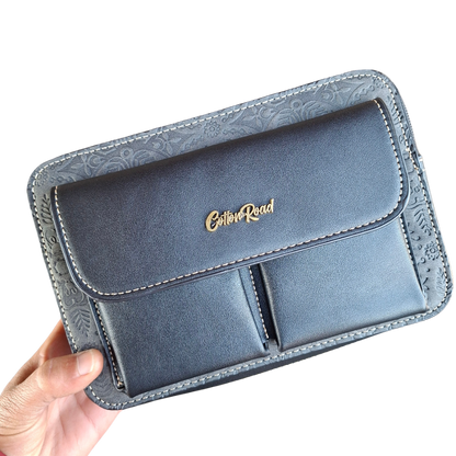 Cotton Road Sling Bag: BLACK PU Leather Crossbody with Embossed Flowers and BRANDED STRAP IN HAND