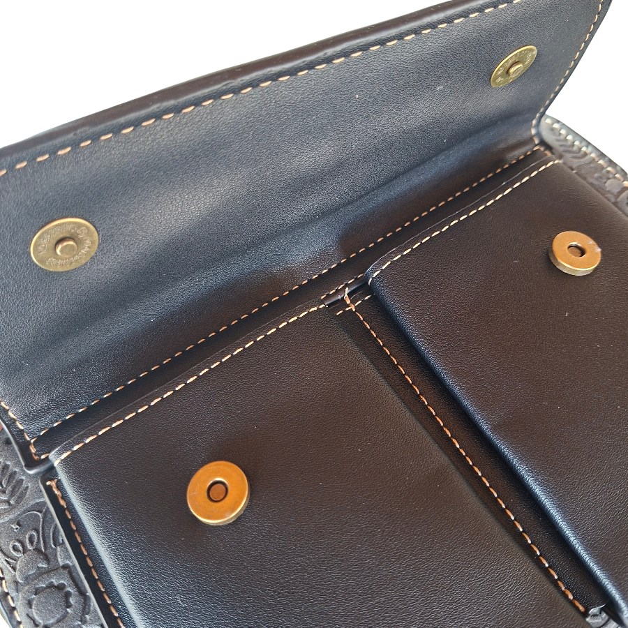 Cotton Road Sling Bag: BLACK PU Leather Crossbody with Embossed Flowers and BRANDED STRAP MAGNETIC CLIPS OPEN