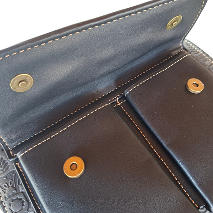 Cotton Road Sling Bag: BLACK PU Leather Crossbody with Embossed Flowers and BRANDED STRAP MAGNETIC CLIPS OPEN