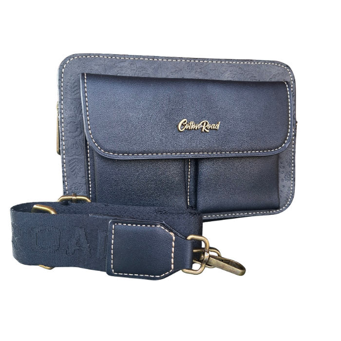 Cotton Road Sling Bag: BLACK PU Leather Crossbody with Embossed Flowers and BRANDED STRAP SET VIEW