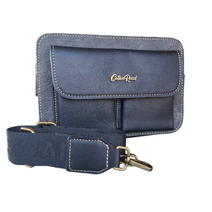 Cotton Road Sling Bag: BLACK PU Leather Crossbody with Embossed Flowers and BRANDED STRAP SET VIEW