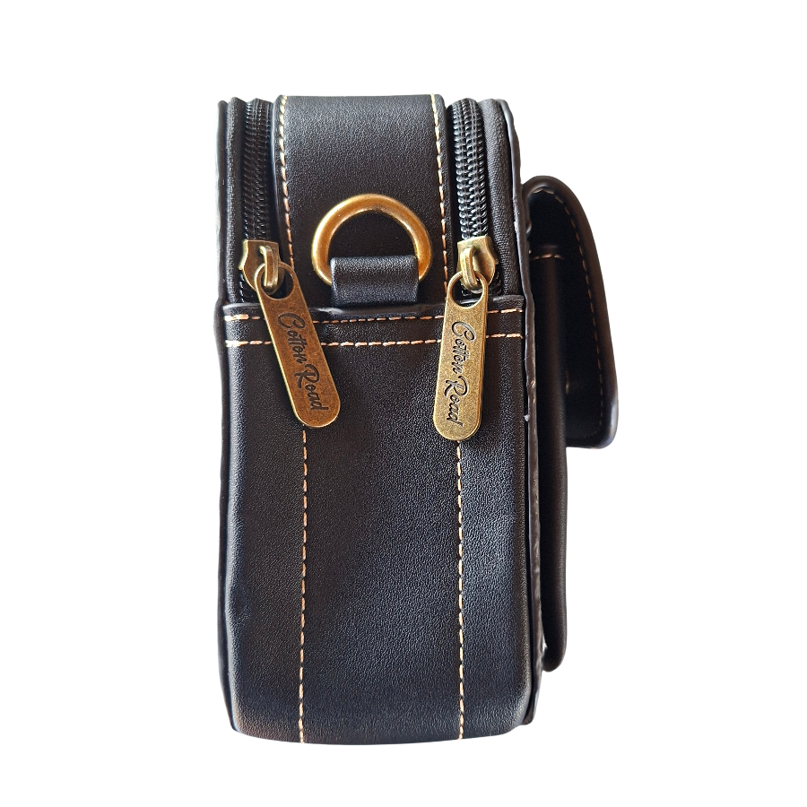 Cotton Road Sling Bag: BLACK PU Leather Crossbody with Embossed Flowers and BRANDED STRAP SIDE
