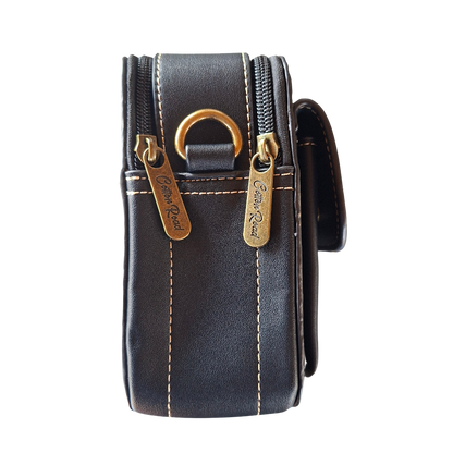 Cotton Road Sling Bag: BLACK PU Leather Crossbody with Embossed Flowers and BRANDED STRAP SIDE