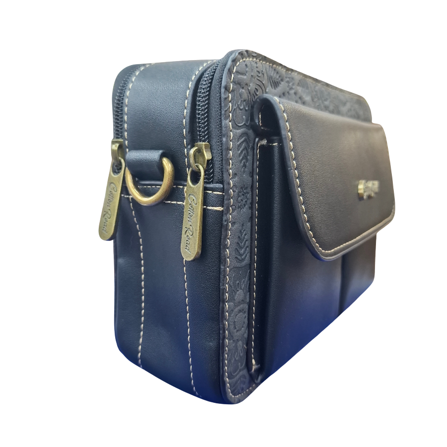 Cotton Road Sling Bag: BLACK PU Leather Crossbody with Embossed Flowers and BRANDED STRAP SIDE ZOOM