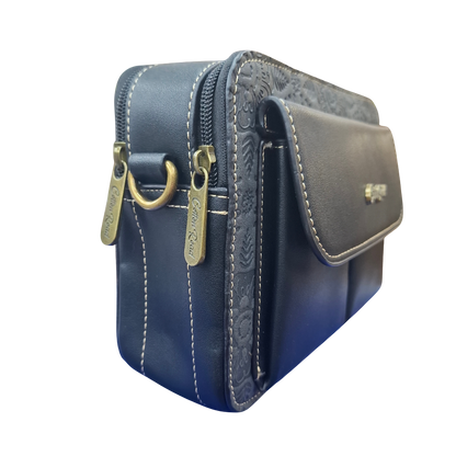 Cotton Road Sling Bag: BLACK PU Leather Crossbody with Embossed Flowers and BRANDED STRAP SIDE ZOOM