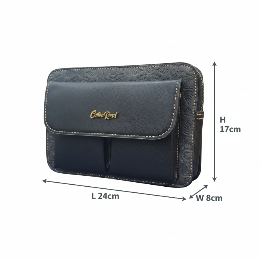Cotton Road Sling Bag: BLACK PU Leather Crossbody with Embossed Flowers and BRANDED STRAP SIZE