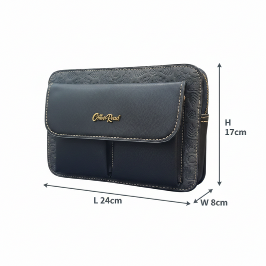 Cotton Road Sling Bag: BLACK PU Leather Crossbody with Embossed Flowers and BRANDED STRAP SIZE
