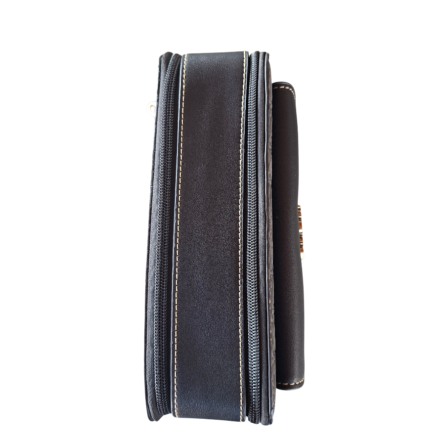 Cotton Road Sling Bag: BLACK PU Leather Crossbody with Embossed Flowers and BRANDED STRAP TOP CLOSED