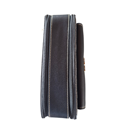 Cotton Road Sling Bag: BLACK PU Leather Crossbody with Embossed Flowers and BRANDED STRAP TOP CLOSED