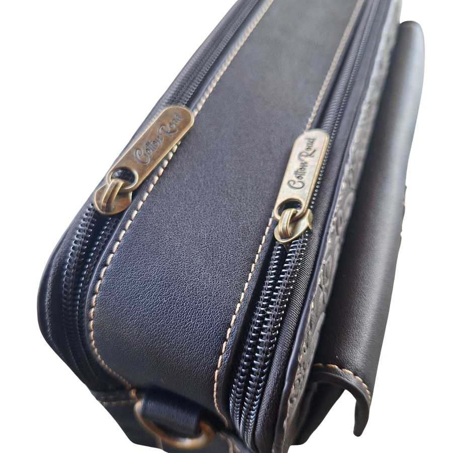 Cotton Road Sling Bag: BLACK PU Leather Crossbody with Embossed Flowers and BRANDED STRAP TOP ZIPS