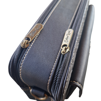 Cotton Road Sling Bag: BLACK PU Leather Crossbody with Embossed Flowers and BRANDED STRAP TOP ZIPS