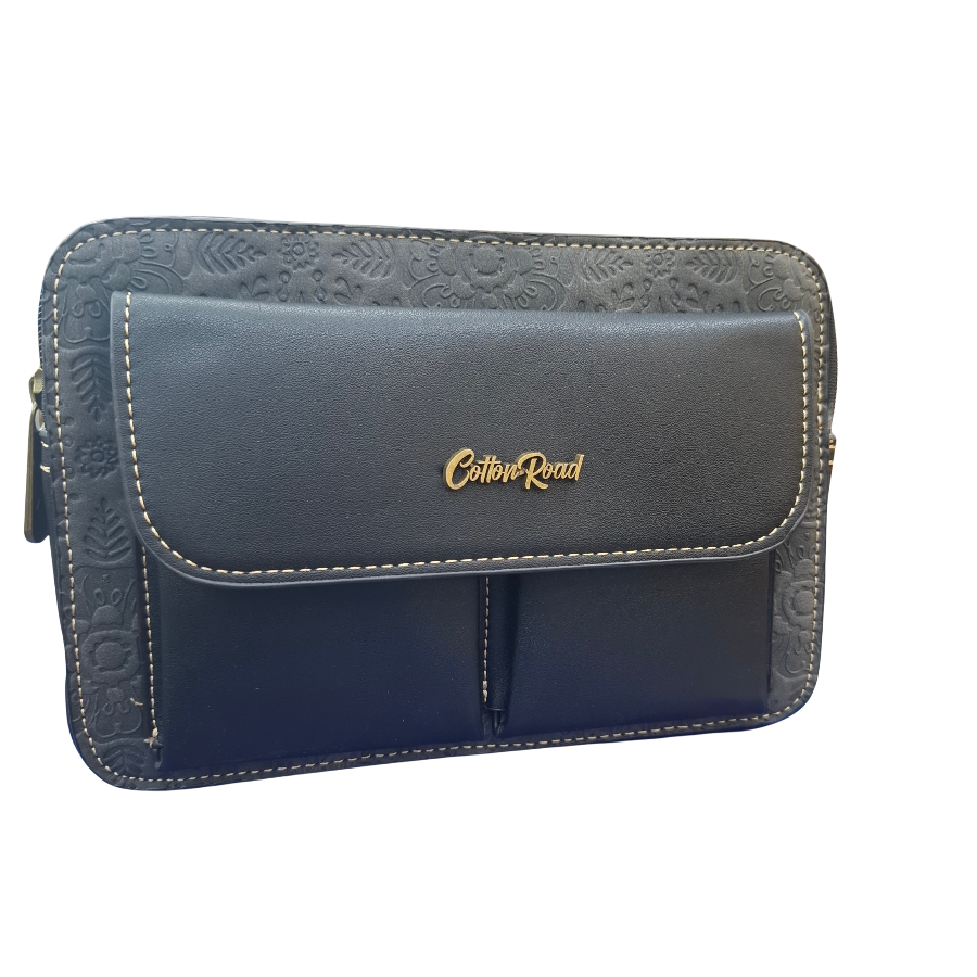 Cotton Road Sling Bag: BLACK PU Leather Crossbody with Embossed Flowers and BRANDED STRAP ZOOM