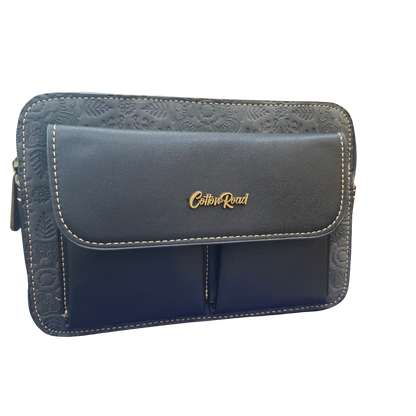 Cotton Road Sling Bag: BLACK PU Leather Crossbody with Embossed Flowers and BRANDED STRAP ZOOM