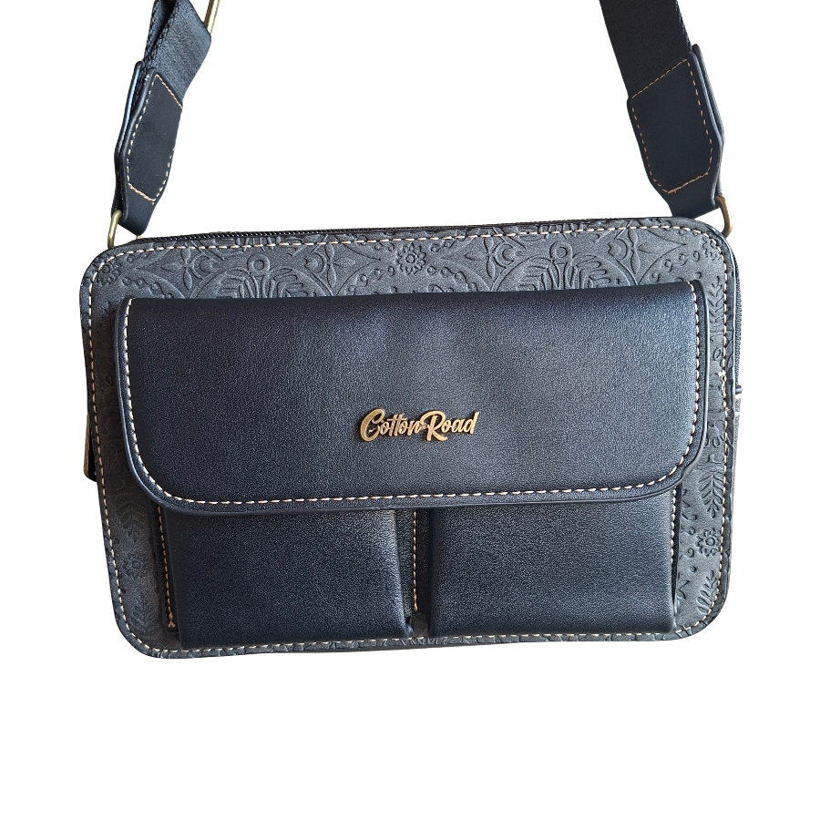 Cotton Road Sling Bag: BLACK PU Leather Crossbody with Embossed Flowers and BRANDED TWIN POCKETS