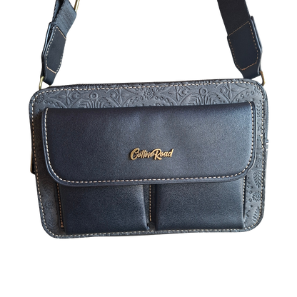 Cotton Road Sling Bag: BLACK PU Leather Crossbody with Embossed Flowers and BRANDED TWIN POCKETS