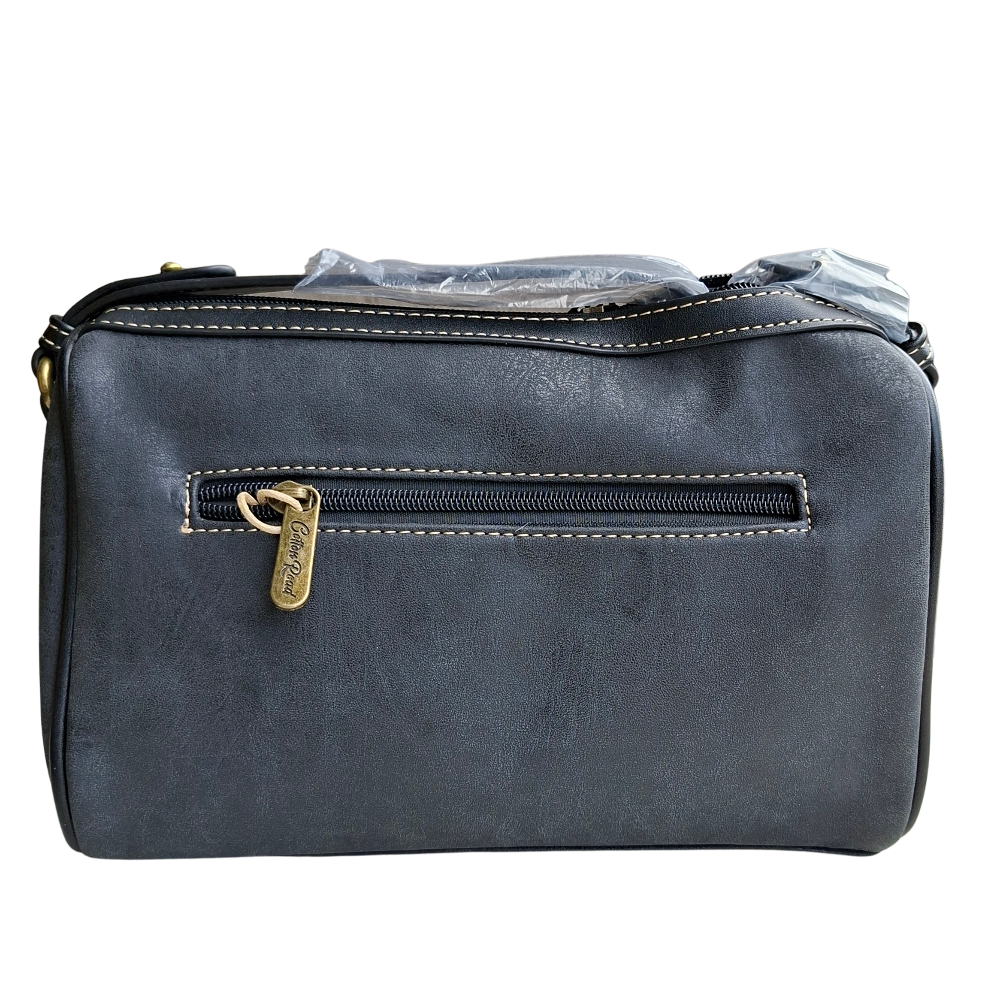 Cotton Road Sling Bag: BLACK PU Leather with Embossed PROTEA and BRANDED Strap BACK VIEW