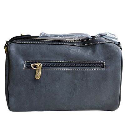 Cotton Road Sling Bag: BLACK PU Leather with Embossed PROTEA and BRANDED Strap BACK VIEW